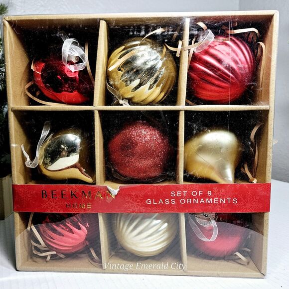 New BEEKMAN Home Glass Tree Ornament BALL s/9 Red & Gold Christmas Box Set - Picture 6 of 7